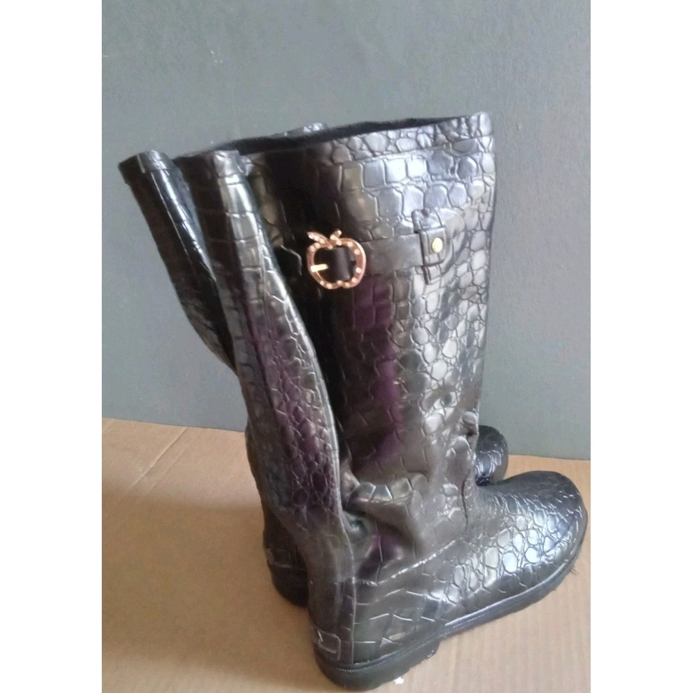 Black Croc‎ Embossed Rain Boots with Apple Charm Gold Buckle Accent